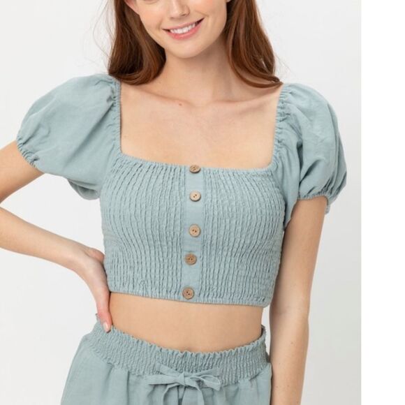 Cropped Smocked Top Woven Solid Linen Blend Puff Sleeve Square Neck - Picture 1 of 8